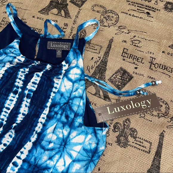 Luxology NWT! Blue/White Sleeveless Tie Back Stretch Tie-Dye Maxi Dress Size 12 - Picture 9 of 13